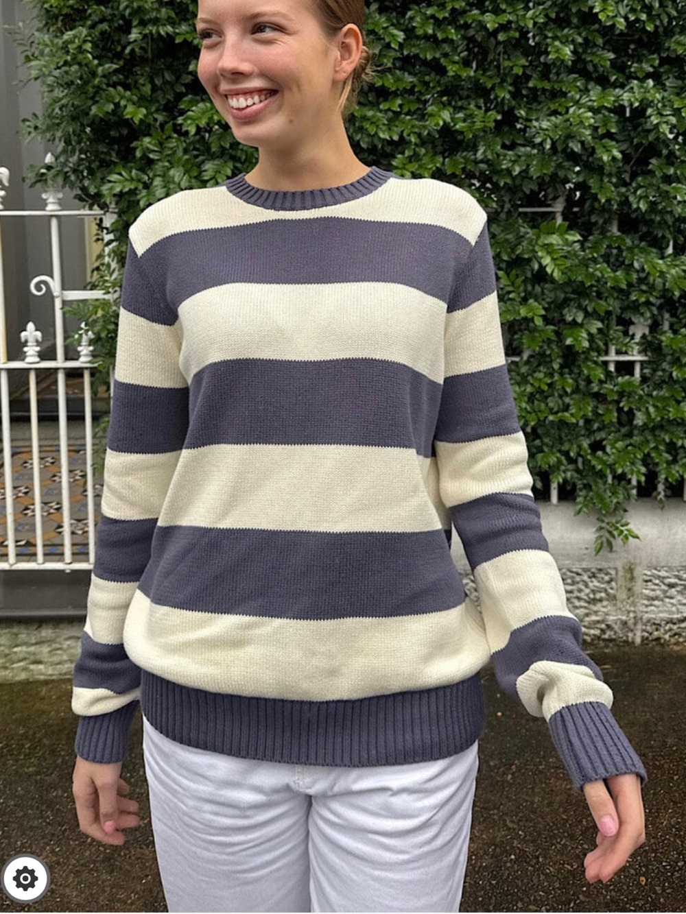Brandy Melville Navy and Cream Wide-Stripe Crewneck Sweater